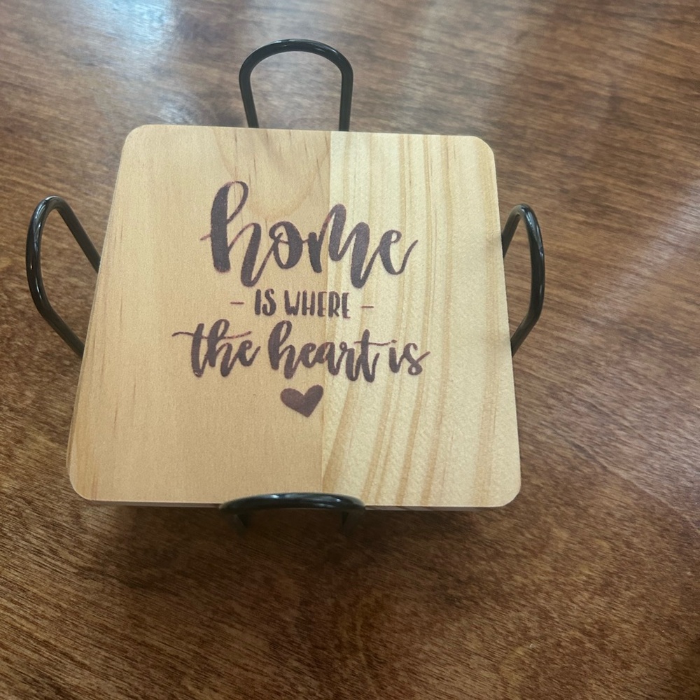 New Handcrafted Wooden Coaster Set of 4 with Inspirational Quotes with holder